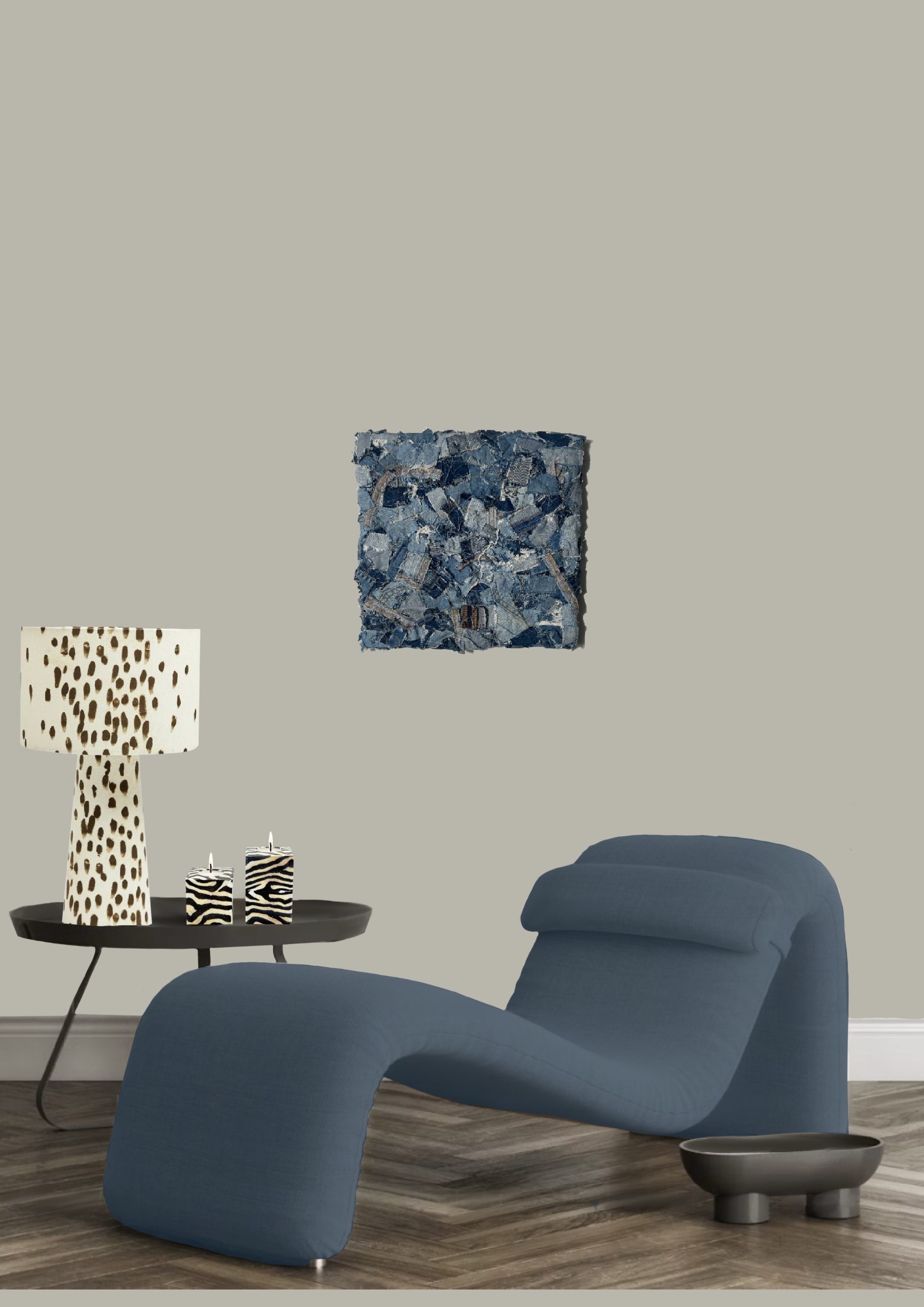 Seconde vie : collage textile sur toile blanche, tendue sur châssis