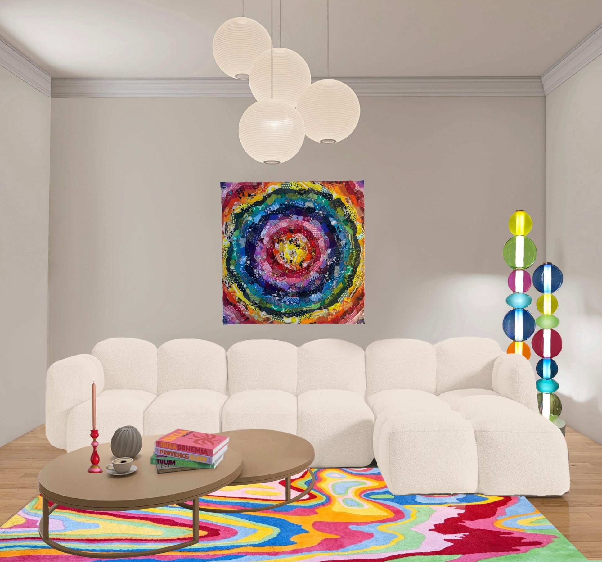 Création textile réalisée à partir de chutes de tissus, assemblés en cercles concentriques créant une explosion chromatique.