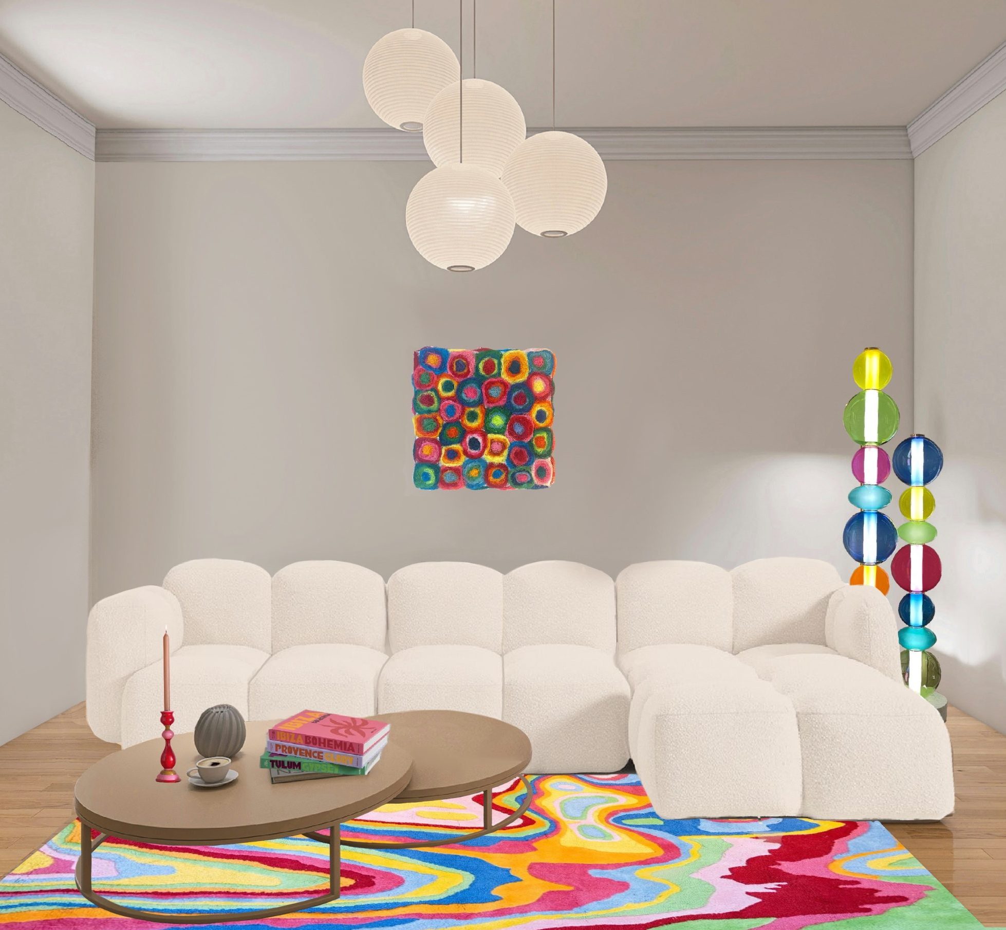 Réalisée à partir de fils colorés enroulés en cercles successifs, elle forme une mosaïque vibrante de couleurs et de matières.