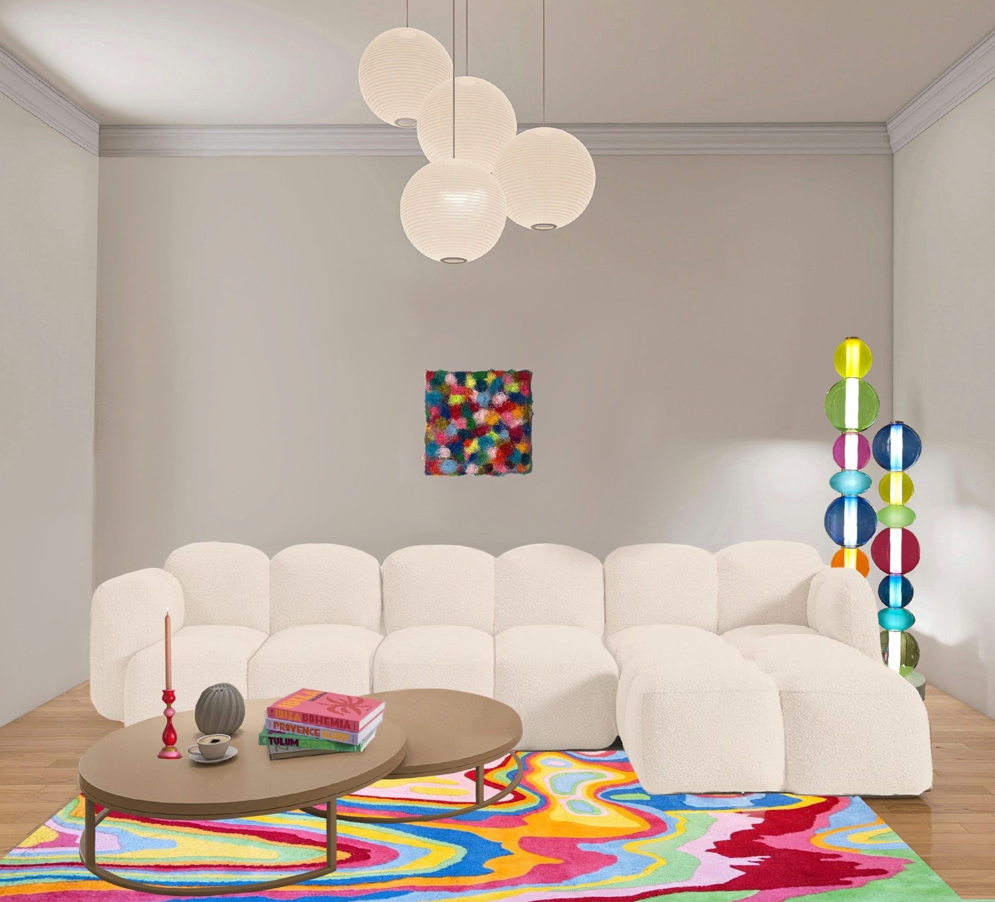 Cette pièce unique marie art textile et abstraction colorée. Réalisée à partir de fils ( 100 % coton )