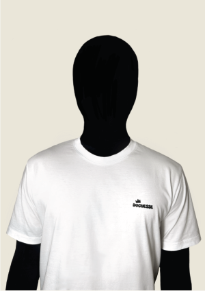 T-shirt blanc unisexe avec logo minimaliste noir sur le devant, col rond, coupe classique, 100% coton organique